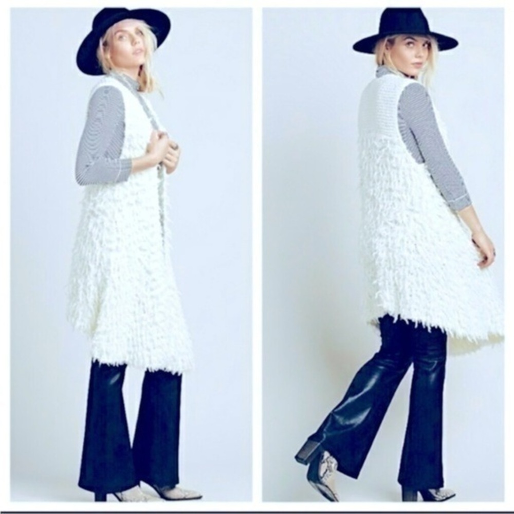 NWT FREE PEOPLE ROLLING STONE FURRY SHAGGY VEST LONG DUSTER IVORY FITS XS-M